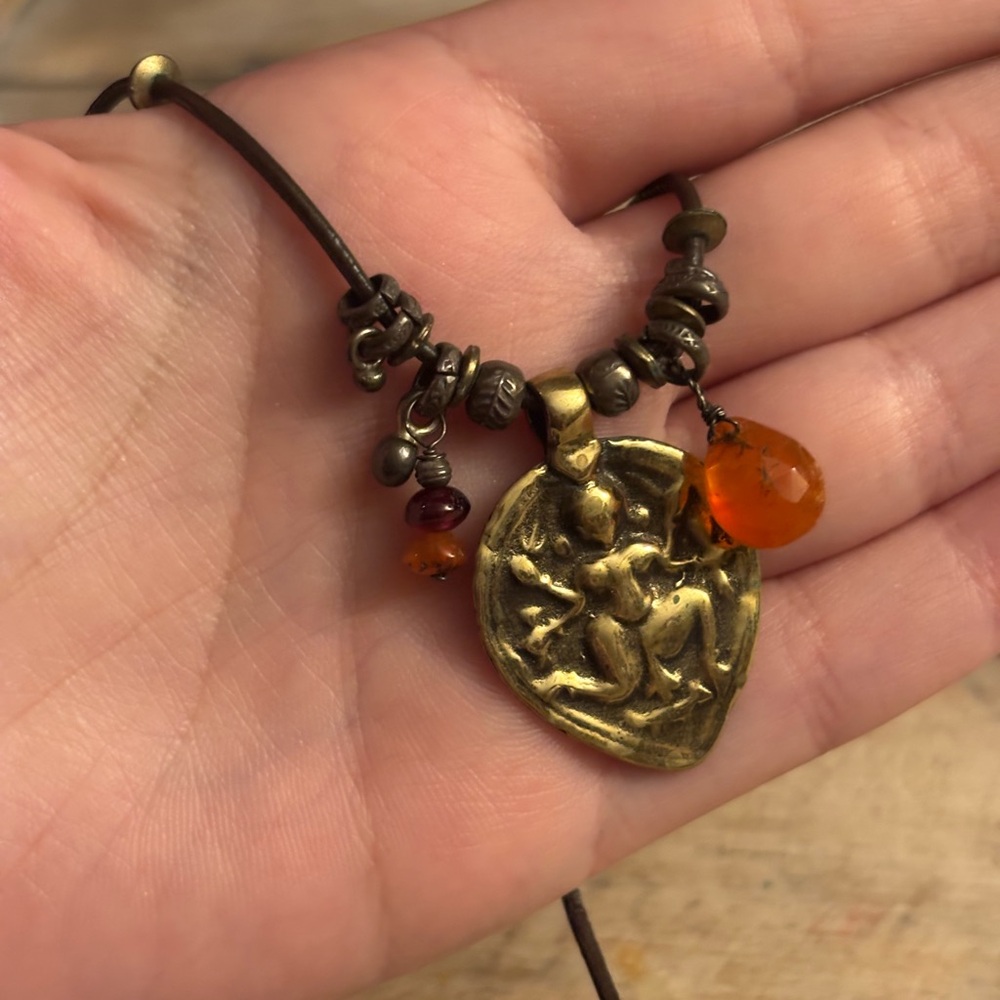 Vintage Brass, Multi-Stone, and Leather Necklace